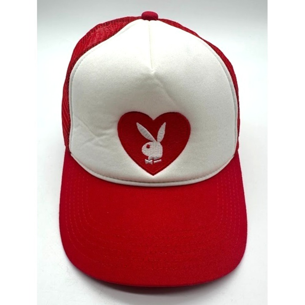Playboy Heart Bunny Logo Trucker Hat Red White Mesh Snapback Adjustable Cap